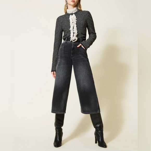 New Twinset Milano Sz M Jacquard Luxury Designer Cardigan Sweater Jacket Fringe - Picture 3 of 12